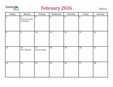 Current month calendar with Bolivia holidays for February 2026