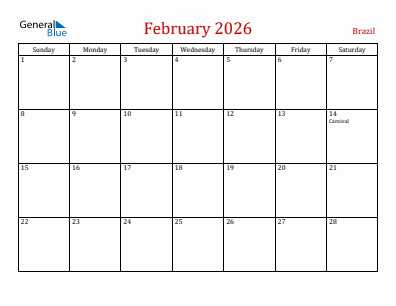 Current month calendar with Brazil holidays for February 2026