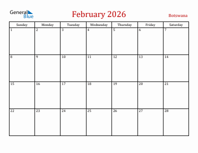 Current month calendar with Botswana holidays for February 2026
