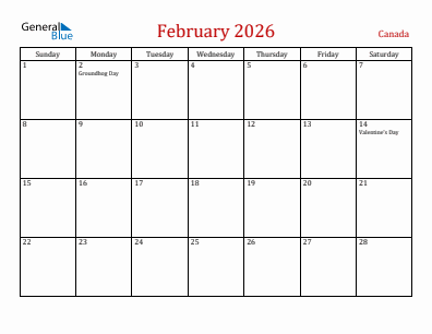 Current month calendar with Canada holidays for February 2026