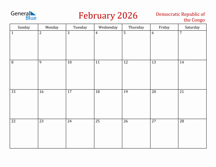 Democratic Republic of the Congo February 2026 Calendar - Sunday Start
