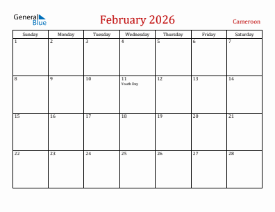 Current month calendar with Cameroon holidays for February 2026