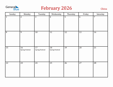 Current month calendar with China holidays for February 2026