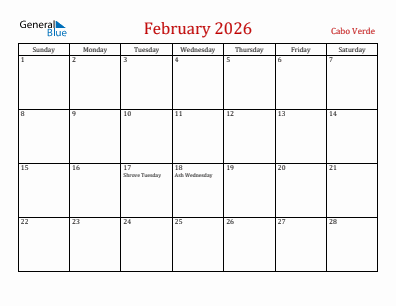 Current month calendar with Cabo Verde holidays for February 2026