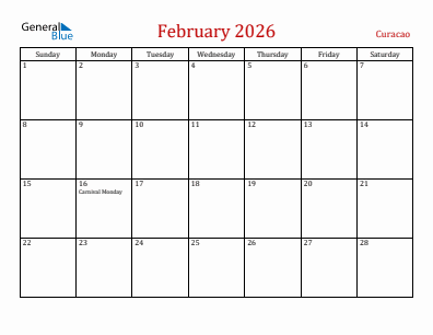 Current month calendar with Curacao holidays for February 2026