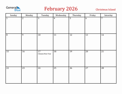 Current month calendar with Christmas Island holidays for February 2026