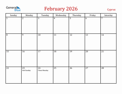 Current month calendar with Cyprus holidays for February 2026