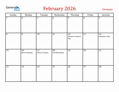 Current month calendar with Germany holidays for February 2026