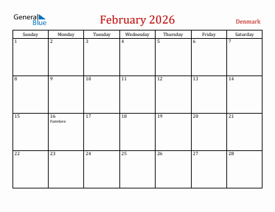 Current month calendar with Denmark holidays for February 2026