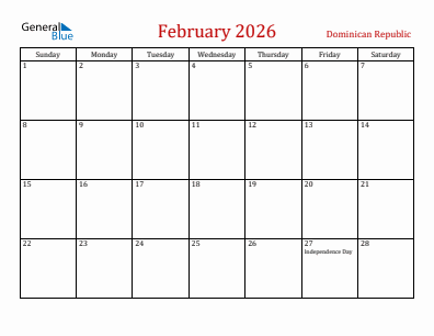 Current month calendar with Dominican Republic holidays for February 2026