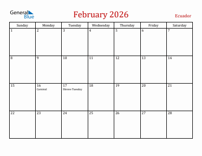 Current month calendar with Ecuador holidays for February 2026
