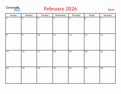 Current month calendar with Egypt holidays for February 2026