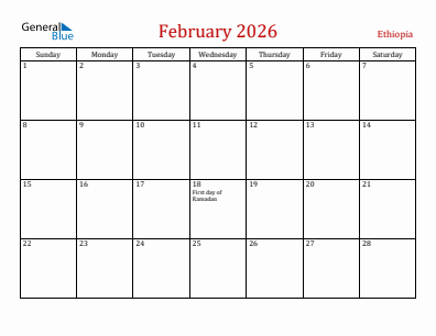 Current month calendar with Ethiopia holidays for February 2026