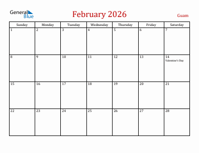 Current month calendar with Guam holidays for February 2026
