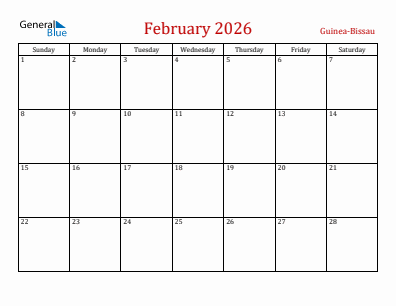Current month calendar with Guinea-Bissau holidays for February 2026