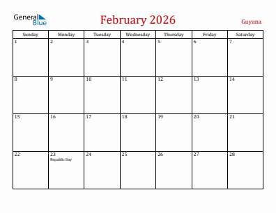 Current month calendar with Guyana holidays for February 2026