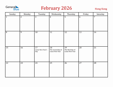 Current month calendar with Hong Kong holidays for February 2026