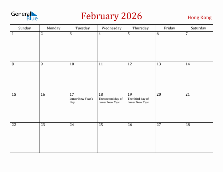 Hong Kong February 2026 Calendar - Sunday Start