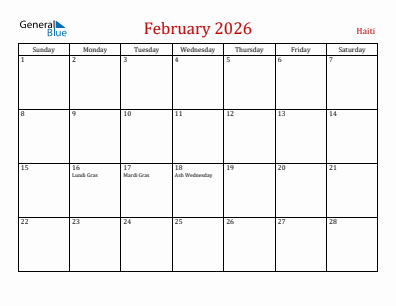 Current month calendar with Haiti holidays for February 2026