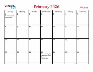 Current month calendar with Hungary holidays for February 2026