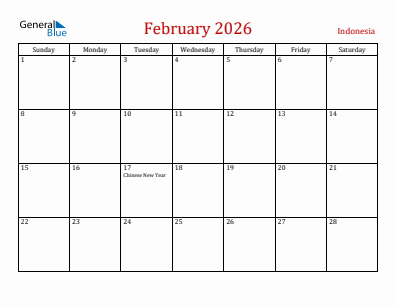 Current month calendar with Indonesia holidays for February 2026