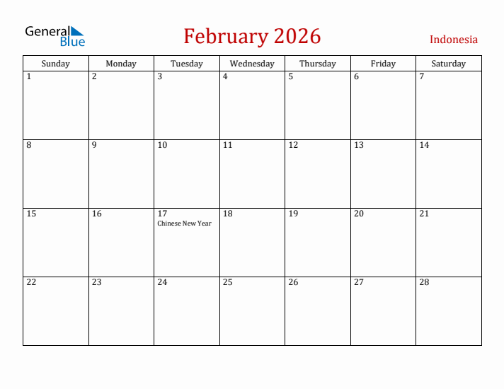Indonesia February 2026 Calendar - Sunday Start