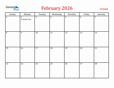 Current month calendar with Ireland holidays for February 2026