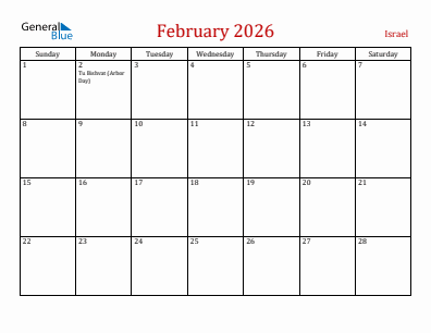 Current month calendar with Israel holidays for February 2026
