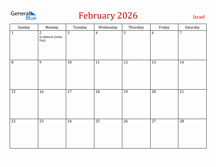Israel February 2026 Calendar - Sunday Start