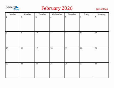 Current month calendar with Isle of Man holidays for February 2026