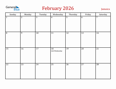Current month calendar with Jamaica holidays for February 2026