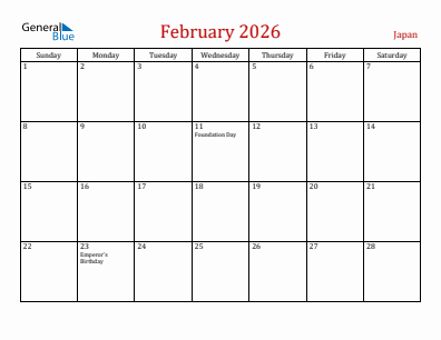 Current month calendar with Japan holidays for February 2026