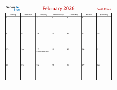 Current month calendar with South Korea holidays for February 2026