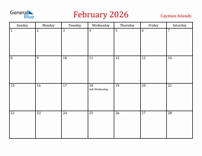 Current month calendar with Cayman Islands holidays for February 2026