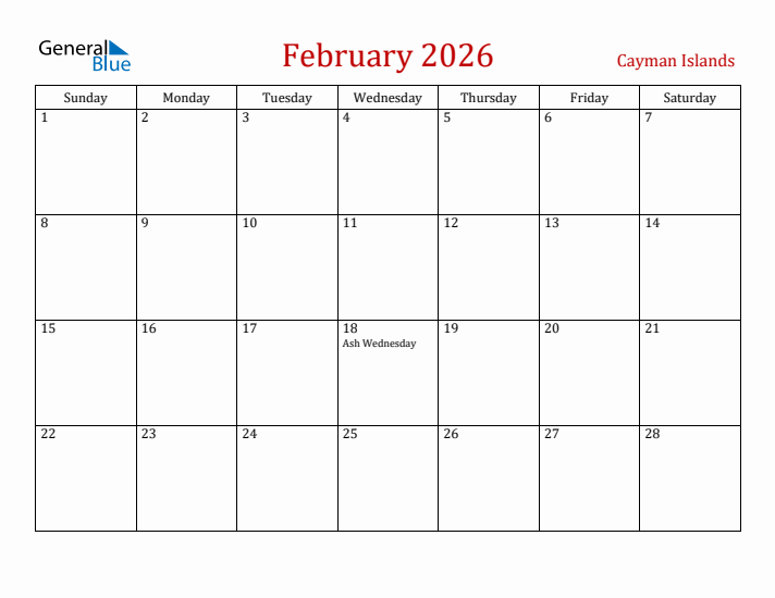 Cayman Islands February 2026 Calendar - Sunday Start