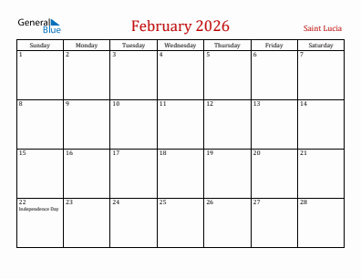 Current month calendar with Saint Lucia holidays for February 2026