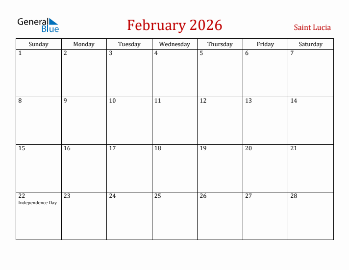 Saint Lucia February 2026 Calendar - Sunday Start