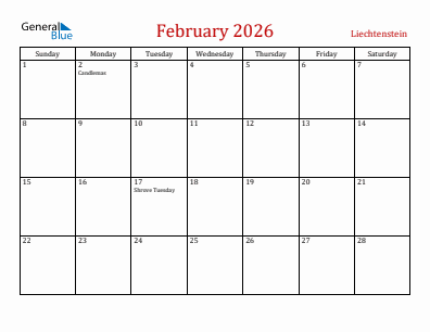 Current month calendar with Liechtenstein holidays for February 2026