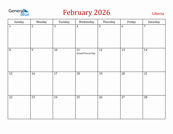 Liberia February 2026 Calendar - Sunday Start