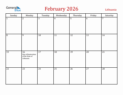 Current month calendar with Lithuania holidays for February 2026