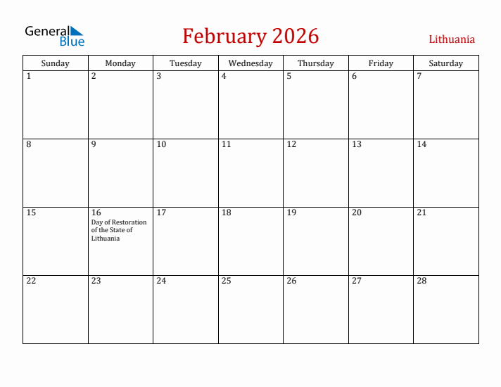 Lithuania February 2026 Calendar - Sunday Start