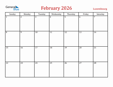 Current month calendar with Luxembourg holidays for February 2026