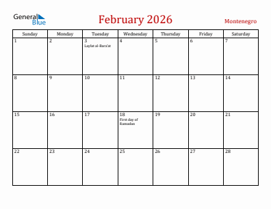 Current month calendar with Montenegro holidays for February 2026