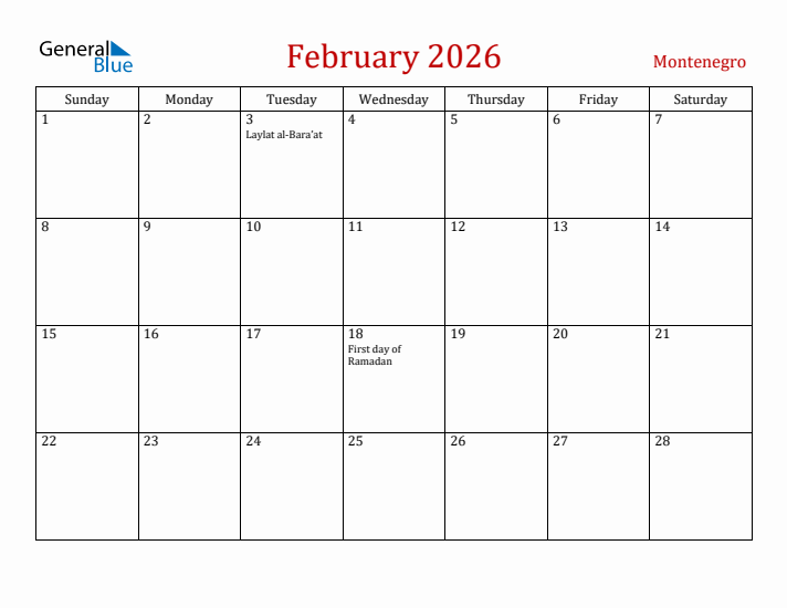 Montenegro February 2026 Calendar - Sunday Start