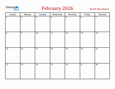Current month calendar with North Macedonia holidays for February 2026