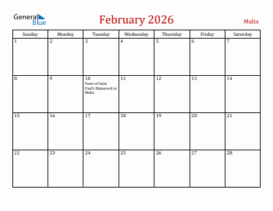 Current month calendar with Malta holidays for February 2026