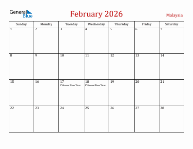 Current month calendar with Malaysia holidays for February 2026
