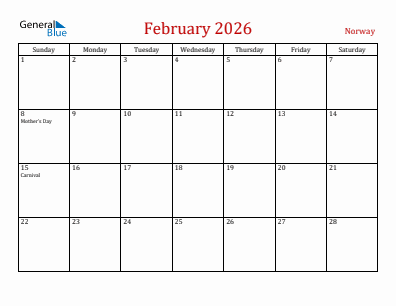 Current month calendar with Norway holidays for February 2026