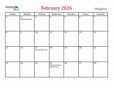Current month calendar with Philippines holidays for February 2026