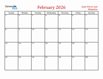 Current month calendar with Saint Pierre and Miquelon holidays for February 2026